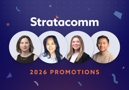 Photo of four people who received promotions.